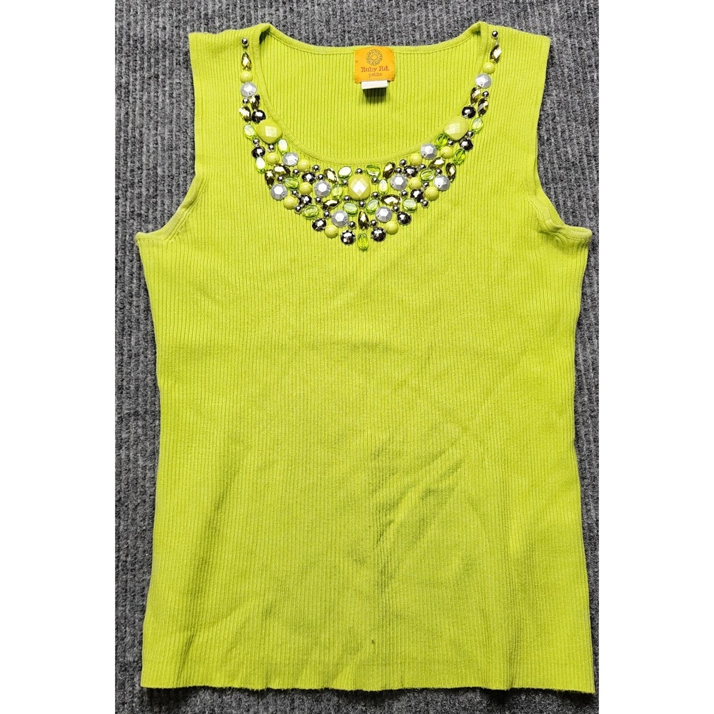 Ruby Rd Petite Lime Green Ribbed Beaded Neckline Tank Top PXL Sleeveless Shell
